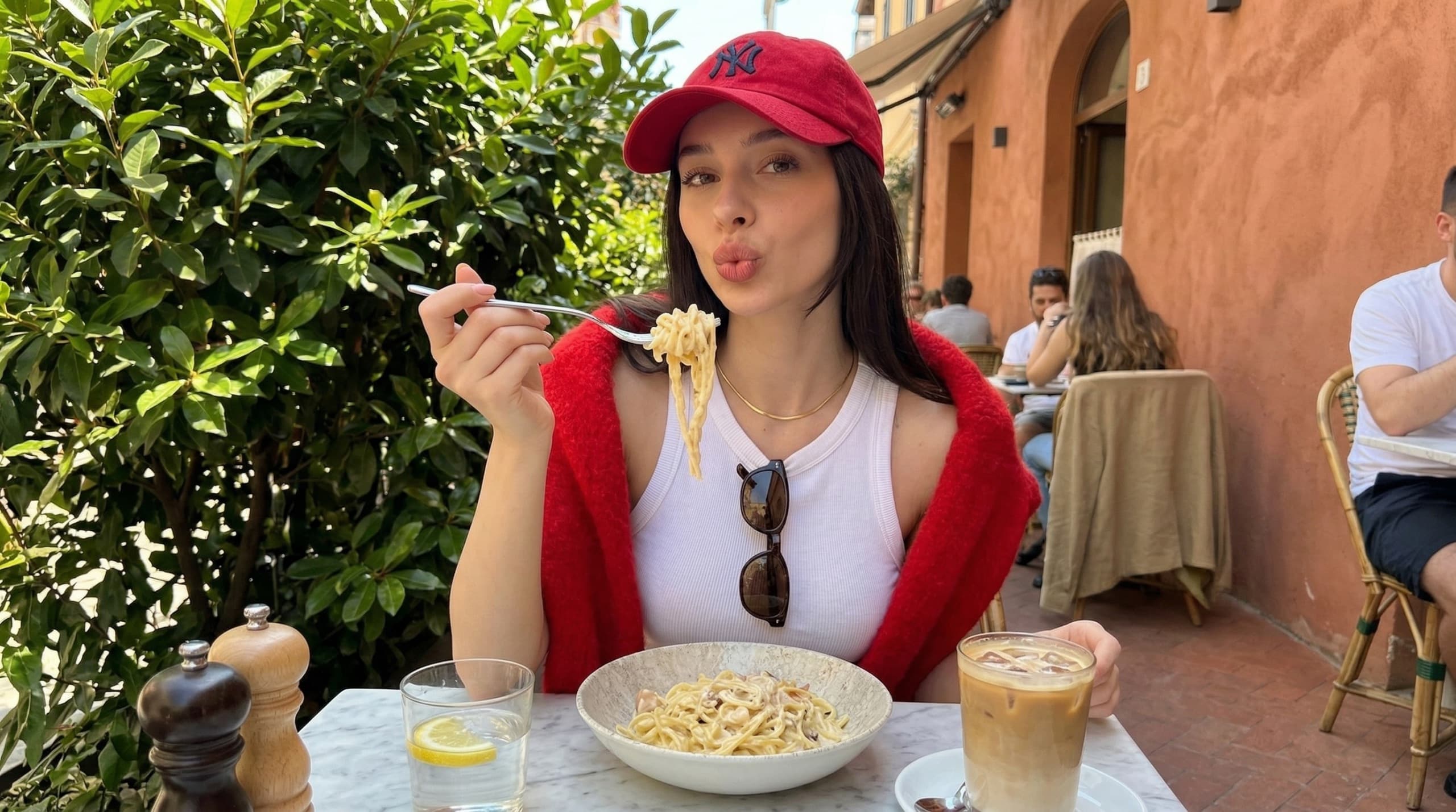 Mediterranean café brunch lifestyle AI influencer prompt - outdoor café pasta scene Mediterranean café brunch lifestyle AI influencer prompt - outdoor café pasta scene