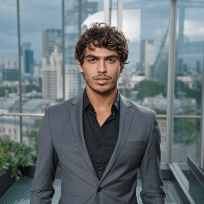 Business AI influencer Male business AI influencer with curly brunette hair