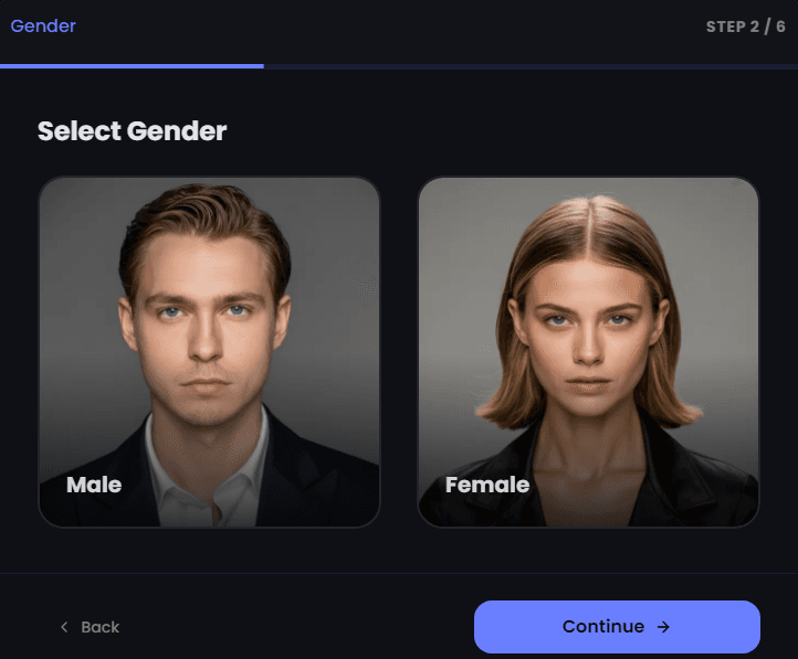 Select persona gender Step 2: Select gender for AI persona creation
