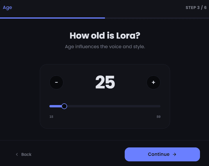 Set persona age Step 3: Set AI influencer age in persona builder