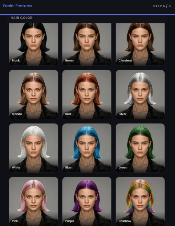 Hair color options Step 6: Customize hair color in AI persona generator