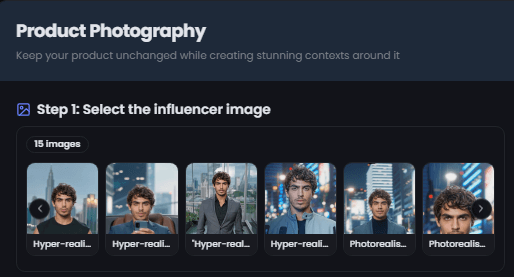 Select influencer for product shot Step 1: Select AI influencer for product photography