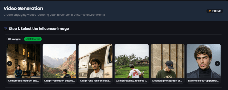 Select persona for video Step 1: Select AI influencer for video generation