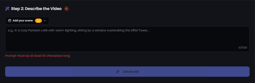 Describe your video Step 2: Describe AI influencer video with text prompt