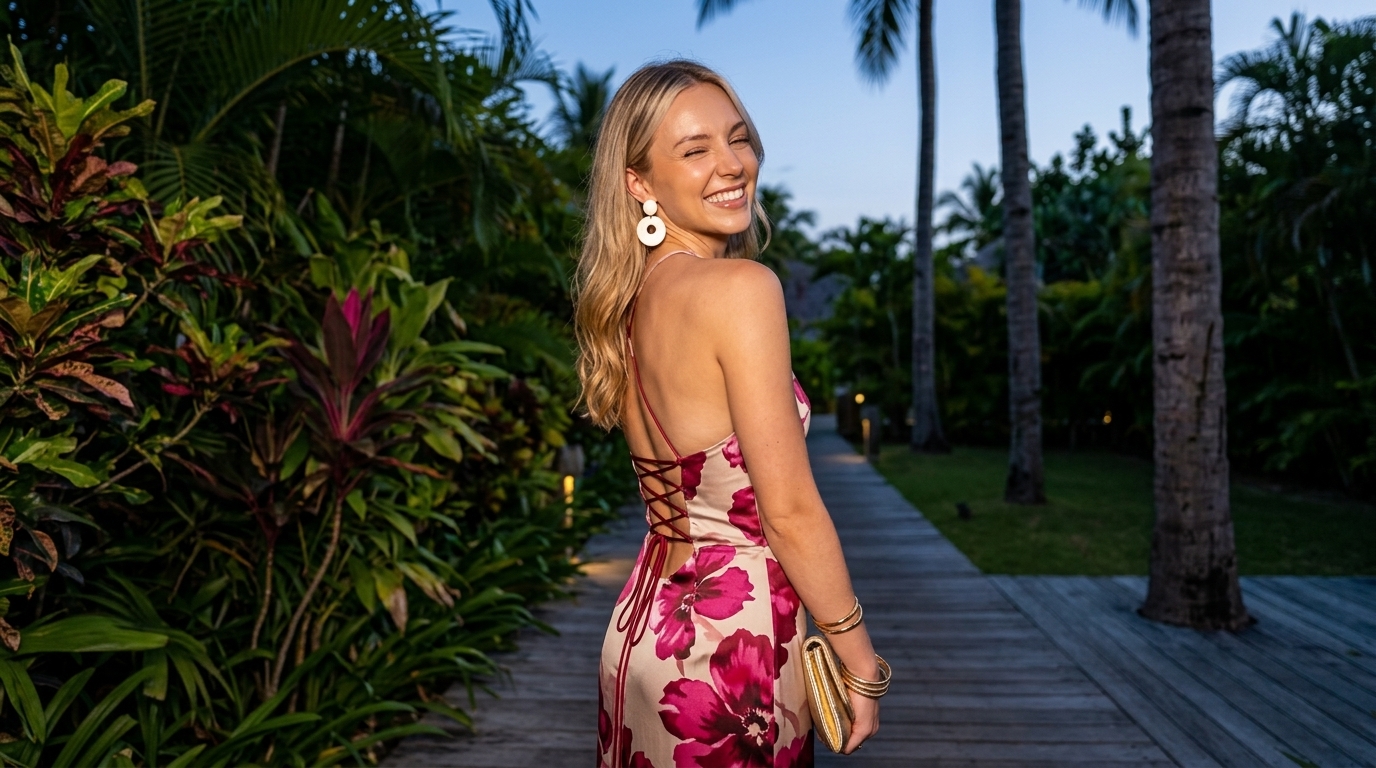 Tropical garden twilight portrait, AI summer image prompt with floral satin gown and palm trees at dusk on danex.ai