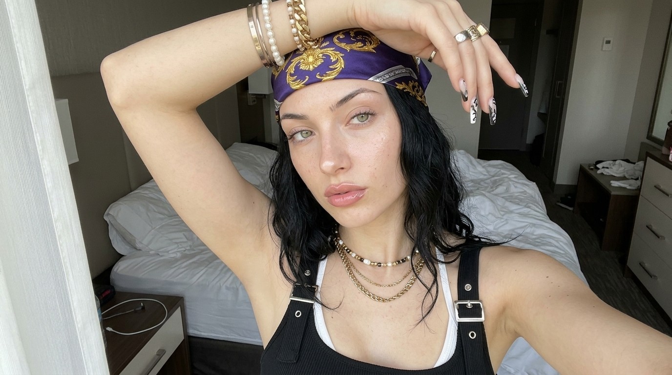 Hotel bedroom morning selfie, AI copy paste image prompt with soft window light and layered jewelry on danex.ai