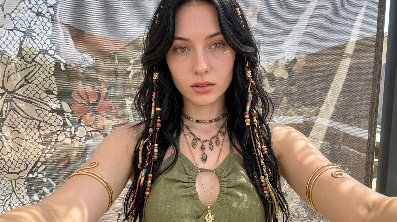 Boho festival selfie, AI copy paste summer image prompt with beaded hair and olive wrap top on danex.ai
