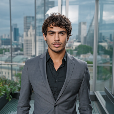 AI Business Influencer Guide Male business AI influencer with curly brunette hair in professional setting